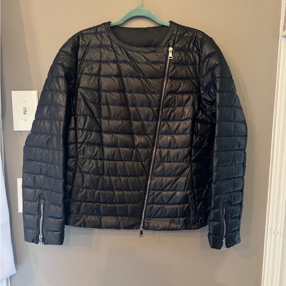 Size 5 (XL) Moncler Black Leather Jacket with Silver Zipper